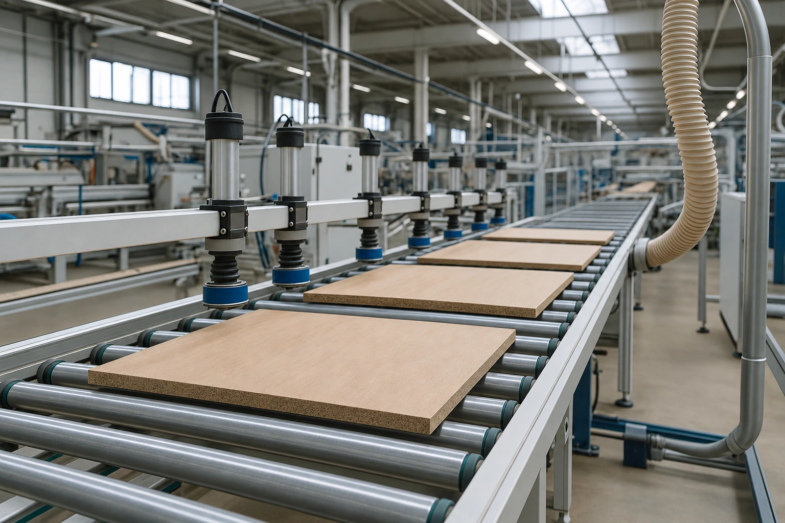 Linia transportująca płyty drewniane w zakładzie produkcyjnym