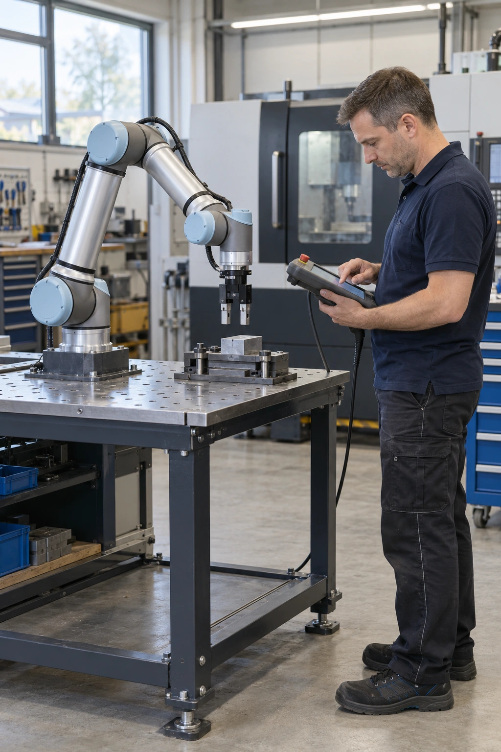 Zespół techników pracujący przy robocie przemysłowym